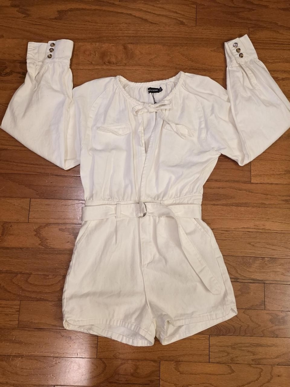 PrettyLittleThing Cream Long-Sleeve Belted Romper